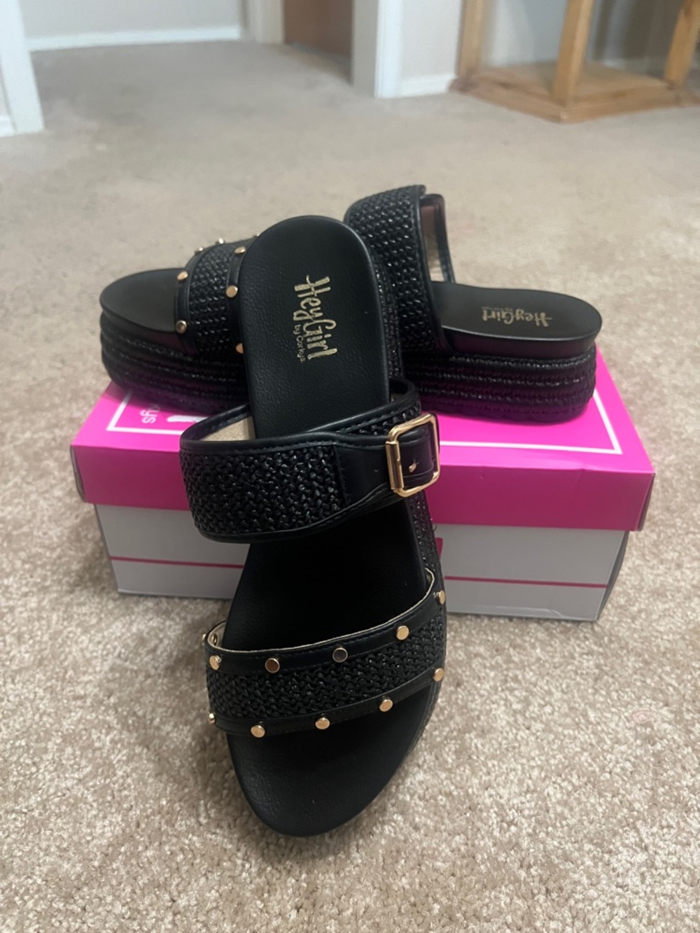 Corkys Black Studded Woven Slide Sandals with Gold Buckle